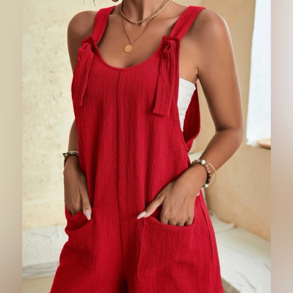 Knot Front Pocket Patched Overall Romper NWOT